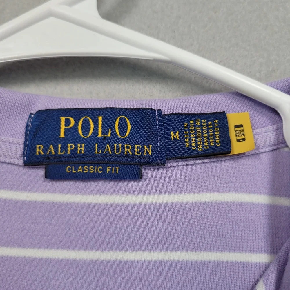 Polo Ralph Lauren Mens Medium Purple White Striped Short Sleeve Classic Fit Polo